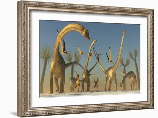 Herd of Diplodocus Dinosaurs-null-Framed Art Print