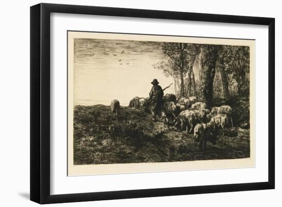 Herd of Pigs with Swineherd, 1878 (Drypoint)-Charles Emile Jacque-Framed Giclee Print