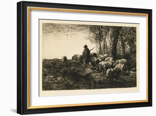 Herd of Pigs with Swineherd, 1878 (Drypoint)-Charles Emile Jacque-Framed Giclee Print