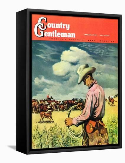 "Herding Cattle," Country Gentleman Cover, January 1, 1942-George Schreiber-Framed Premier Image Canvas