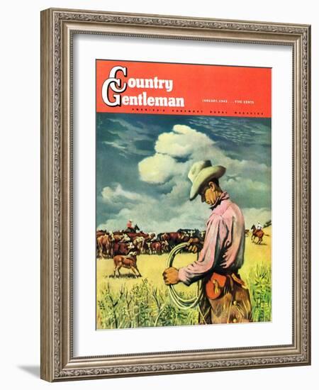 "Herding Cattle," Country Gentleman Cover, January 1, 1942-George Schreiber-Framed Giclee Print