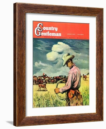 "Herding Cattle," Country Gentleman Cover, January 1, 1942-George Schreiber-Framed Giclee Print