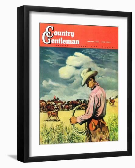 "Herding Cattle," Country Gentleman Cover, January 1, 1942-George Schreiber-Framed Giclee Print