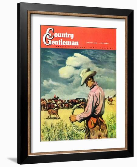 "Herding Cattle," Country Gentleman Cover, January 1, 1942-George Schreiber-Framed Giclee Print