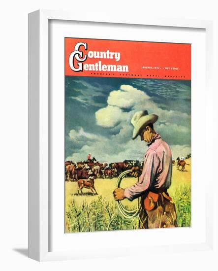 "Herding Cattle," Country Gentleman Cover, January 1, 1942-George Schreiber-Framed Giclee Print