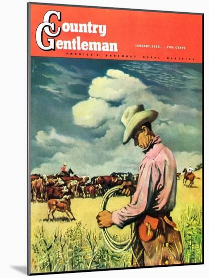 "Herding Cattle," Country Gentleman Cover, January 1, 1942-George Schreiber-Mounted Giclee Print