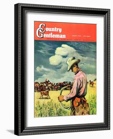 "Herding Cattle," Country Gentleman Cover, January 1, 1942-George Schreiber-Framed Giclee Print