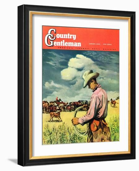 "Herding Cattle," Country Gentleman Cover, January 1, 1942-George Schreiber-Framed Giclee Print