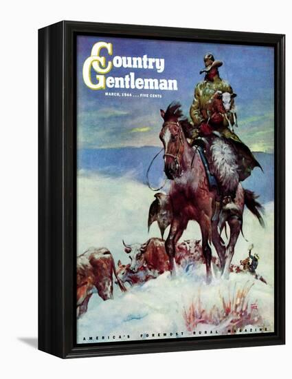 "Herding in Winter Storm," Country Gentleman Cover, March 1, 1944-Matt Clark-Framed Premier Image Canvas