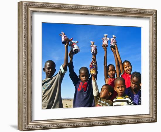 Herero Children Selling Herero Dolls, Damaraland, Kunene Region, Namibia, Africa-Nico Tondini-Framed Photographic Print