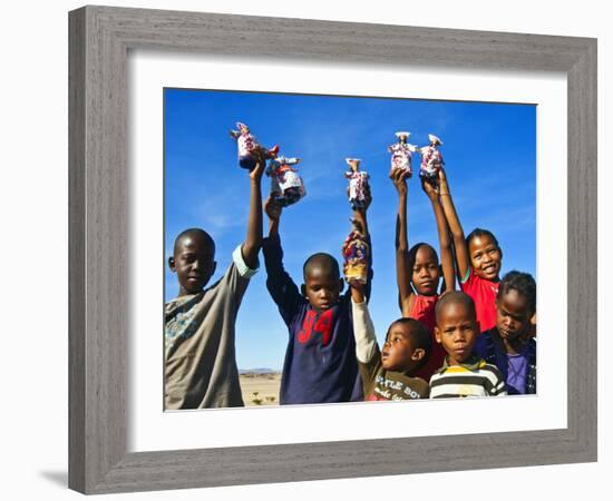 Herero Children Selling Herero Dolls, Damaraland, Kunene Region, Namibia, Africa-Nico Tondini-Framed Photographic Print