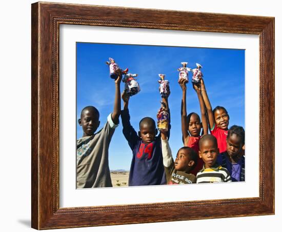 Herero Children Selling Herero Dolls, Damaraland, Kunene Region, Namibia, Africa-Nico Tondini-Framed Photographic Print