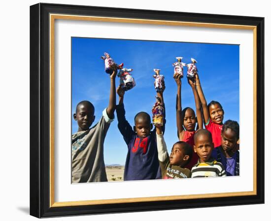 Herero Children Selling Herero Dolls, Damaraland, Kunene Region, Namibia, Africa-Nico Tondini-Framed Photographic Print