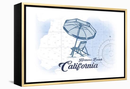 Hermosa Beach, California - Beach Chair and Umbrella - Blue - Coastal Icon-Lantern Press-Framed Stretched Canvas