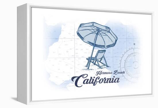 Hermosa Beach, California - Beach Chair and Umbrella - Blue - Coastal Icon-Lantern Press-Framed Stretched Canvas