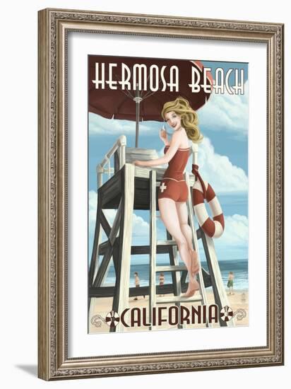 Hermosa Beach, California - Lifeguard Pinup-Lantern Press-Framed Art Print