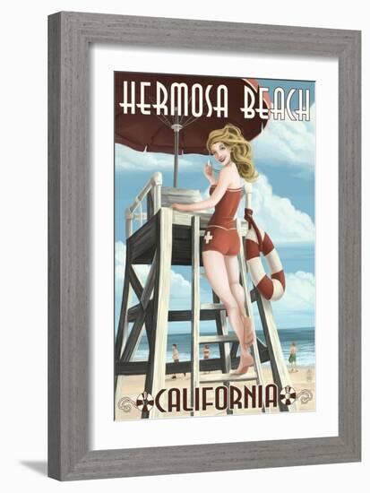 Hermosa Beach, California - Lifeguard Pinup-Lantern Press-Framed Art Print