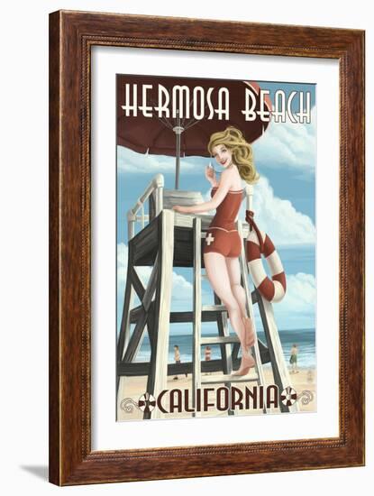 Hermosa Beach, California - Lifeguard Pinup-Lantern Press-Framed Art Print