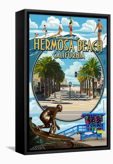 Hermosa Beach, California - Montage Scenes-Lantern Press-Framed Stretched Canvas