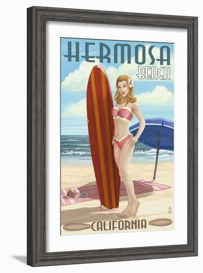 Hermosa Beach, California - Pinup Surfer Girl-Lantern Press-Framed Art Print