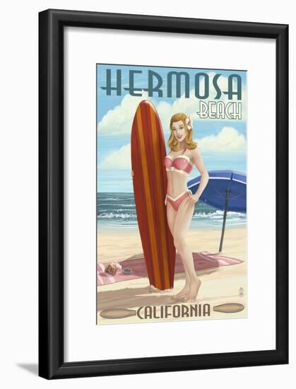 Hermosa Beach, California - Pinup Surfer Girl-Lantern Press-Framed Art Print