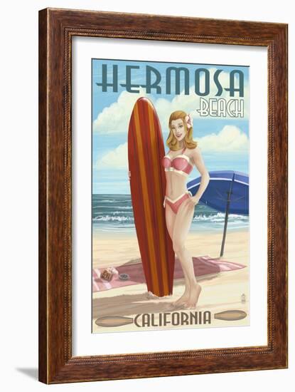 Hermosa Beach, California - Pinup Surfer Girl-Lantern Press-Framed Art Print