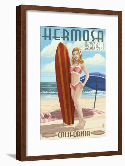 Hermosa Beach, California - Pinup Surfer Girl-Lantern Press-Framed Art Print