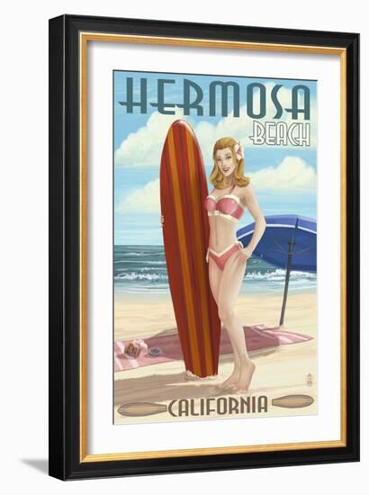 Hermosa Beach, California - Pinup Surfer Girl-Lantern Press-Framed Art Print