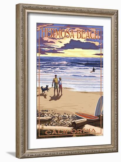 Hermosa Beach, California - Sunset Beach Scene-Lantern Press-Framed Art Print