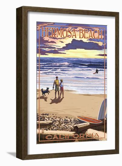 Hermosa Beach, California - Sunset Beach Scene-Lantern Press-Framed Art Print