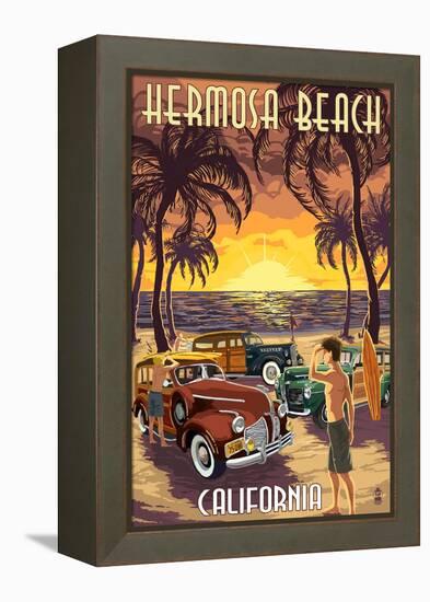 Hermosa Beach, California - Woodies and Sunset-Lantern Press-Framed Stretched Canvas