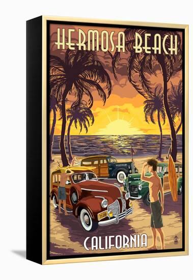 Hermosa Beach, California - Woodies and Sunset-Lantern Press-Framed Stretched Canvas