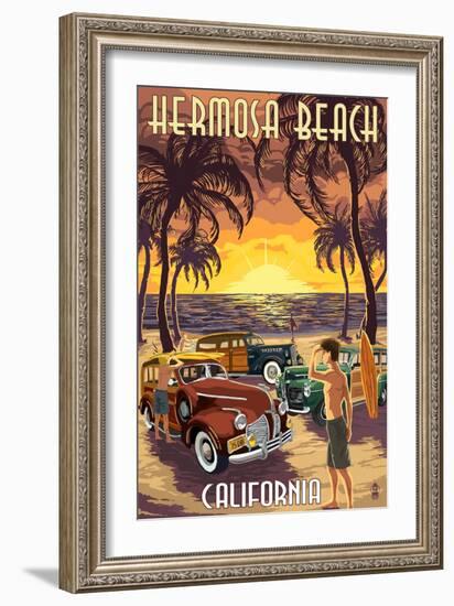 Hermosa Beach, California - Woodies and Sunset-Lantern Press-Framed Art Print