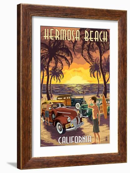 Hermosa Beach, California - Woodies and Sunset-Lantern Press-Framed Art Print