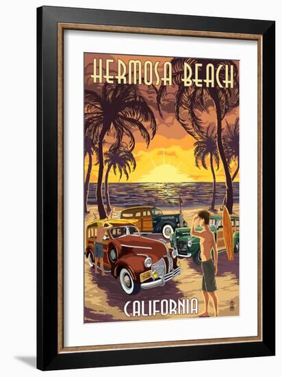 Hermosa Beach, California - Woodies and Sunset-Lantern Press-Framed Art Print