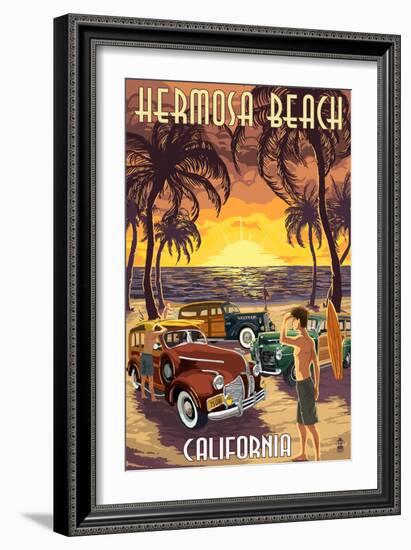 Hermosa Beach, California - Woodies and Sunset-Lantern Press-Framed Art Print