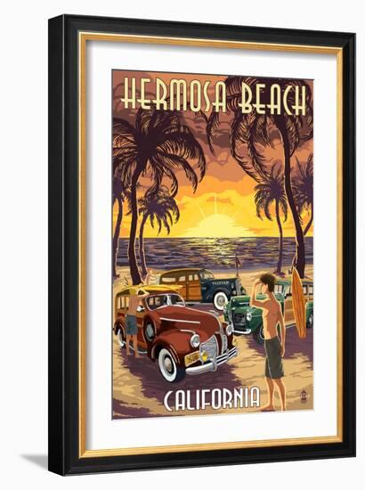 Hermosa Beach, California - Woodies and Sunset-Lantern Press-Framed Art Print