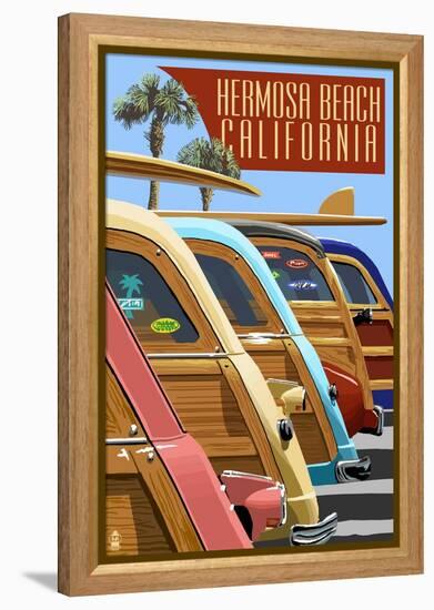 Hermosa Beach, California - Woodies Lined Up-Lantern Press-Framed Stretched Canvas