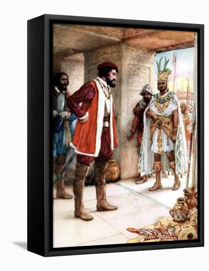 Hernan Cortes Meeting the Aztec Emperor Montezuma, 1519-null-Framed Premier Image Canvas