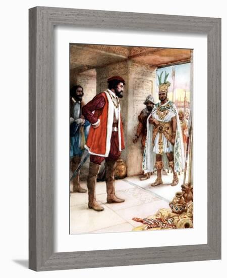 Hernan Cortes Meeting the Aztec Emperor Montezuma, 1519-null-Framed Giclee Print