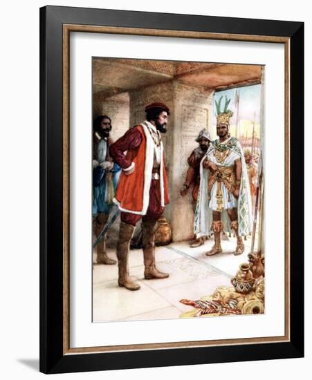 Hernan Cortes Meeting the Aztec Emperor Montezuma, 1519-null-Framed Giclee Print