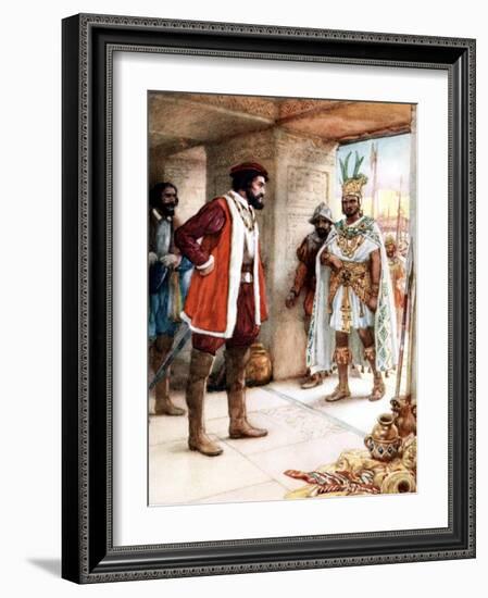 Hernan Cortes Meeting the Aztec Emperor Montezuma, 1519-null-Framed Giclee Print