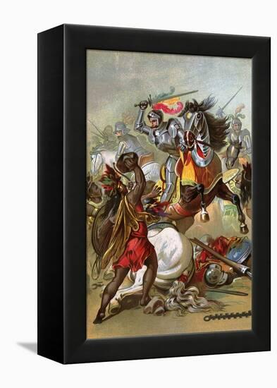 Hernando Cortes Loses Two Horses in Battle with Tlaxcalan Natives in Conquering Mexico, c.1519-null-Framed Premier Image Canvas