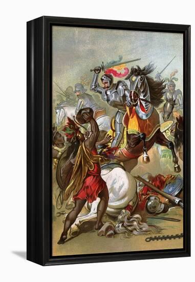 Hernando Cortes Loses Two Horses in Battle with Tlaxcalan Natives in Conquering Mexico, c.1519-null-Framed Premier Image Canvas