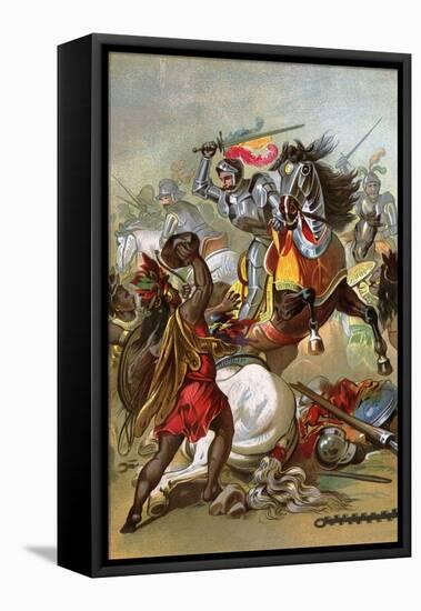 Hernando Cortes Loses Two Horses in Battle with Tlaxcalan Natives in Conquering Mexico, c.1519-null-Framed Premier Image Canvas