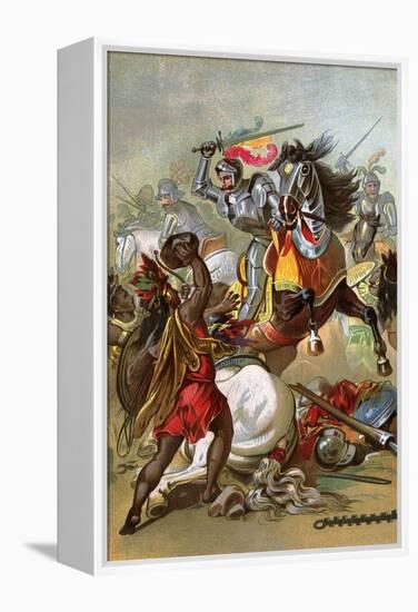Hernando Cortes Loses Two Horses in Battle with Tlaxcalan Natives in Conquering Mexico, c.1519-null-Framed Premier Image Canvas