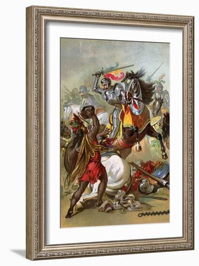 Hernando Cortes Loses Two Horses in Battle with Tlaxcalan Natives in Conquering Mexico, c.1519-null-Framed Giclee Print