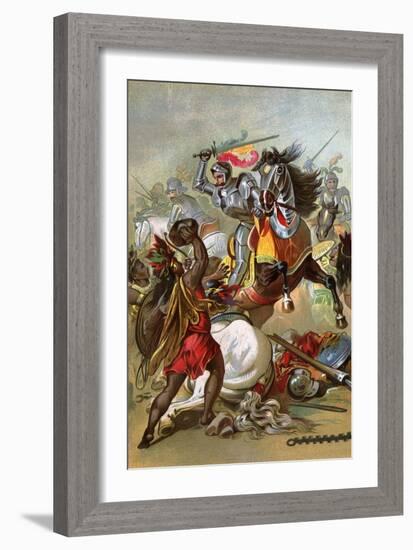 Hernando Cortes Loses Two Horses in Battle with Tlaxcalan Natives in Conquering Mexico, c.1519-null-Framed Giclee Print