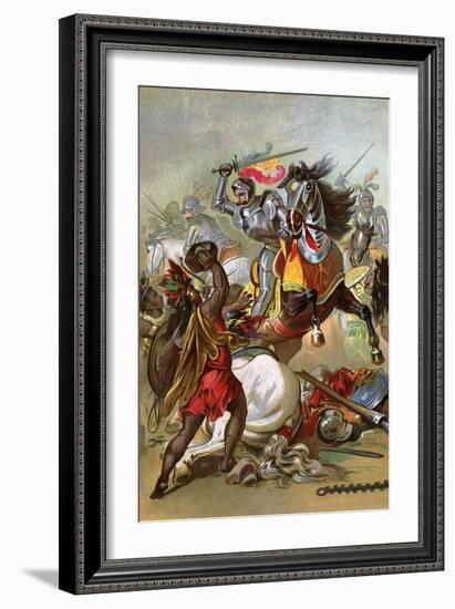 Hernando Cortes Loses Two Horses in Battle with Tlaxcalan Natives in Conquering Mexico, c.1519-null-Framed Giclee Print