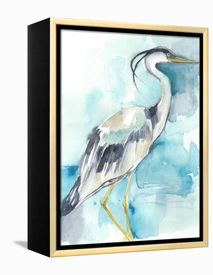 Heron Splash I-Jennifer Goldberger-Framed Stretched Canvas